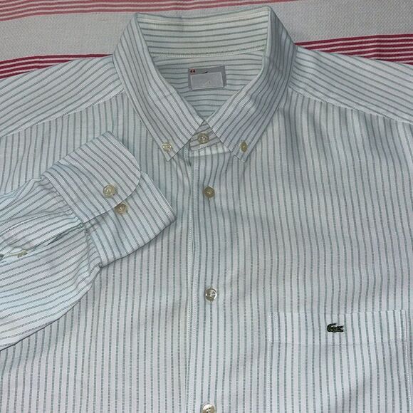 Green Stripe Off White Creme Mens Lacoste Alligator pocket LS men’s shirt 44 XL - Picture 1 of 9